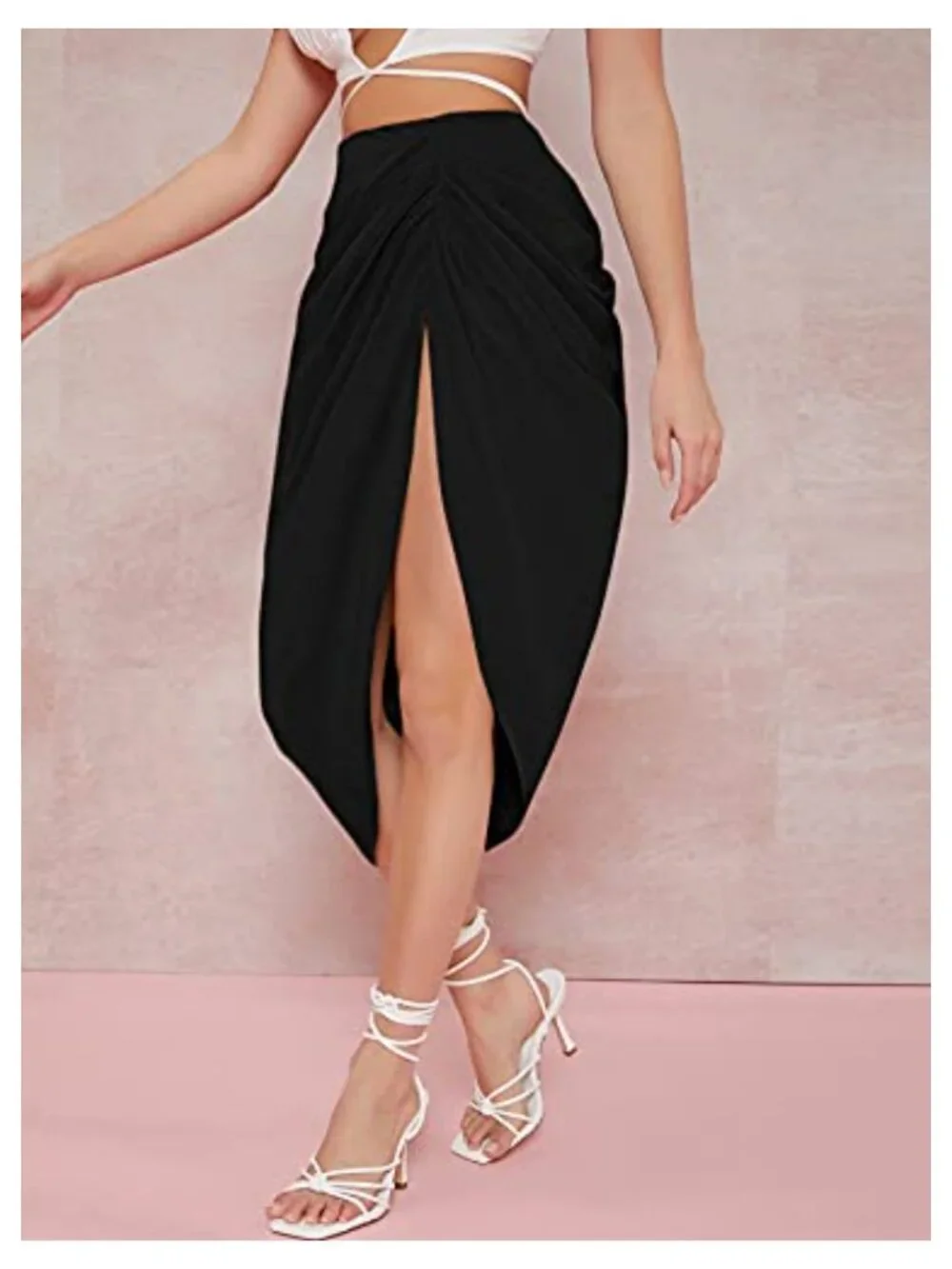 Women's Split Front Satin Midi Skirt High Waist Ruched Wrap Bodycon Zip Back